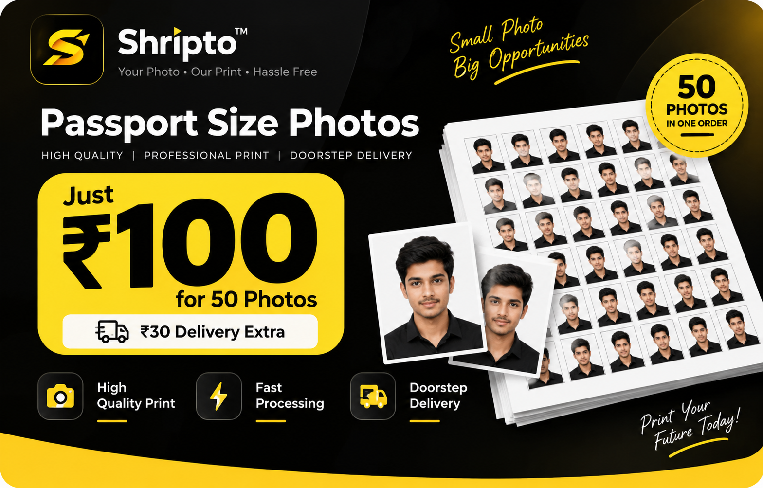 Shripto passport size photos — 50 photos for ₹100, plus ₹30 delivery